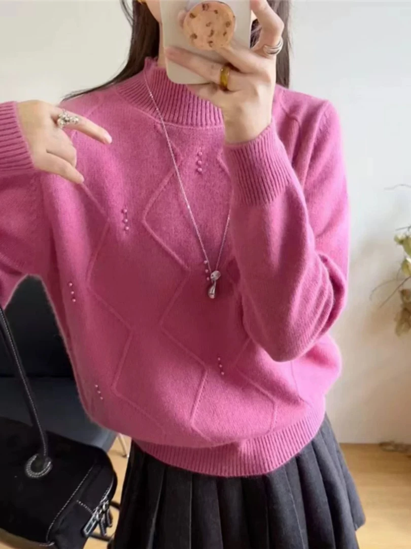 波纹钉珠半高领套头针织上衣0420