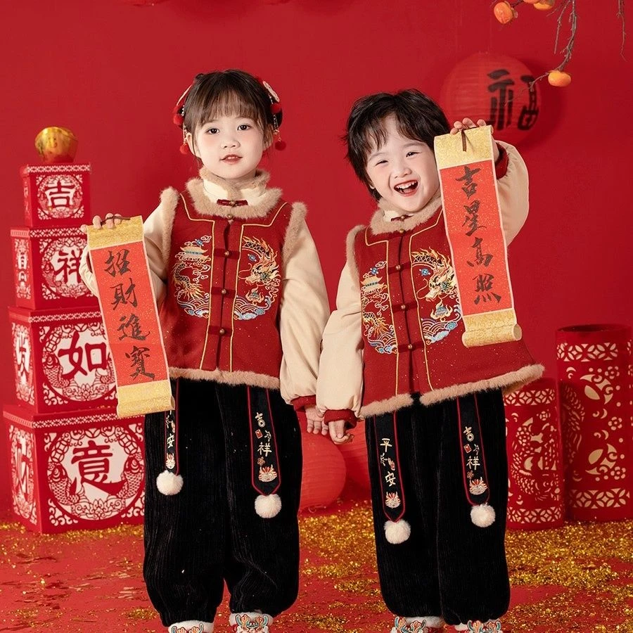 汉服儿童冬装宝宝中国风龙年套装宝宝过年喜庆拜年服改良唐装年服