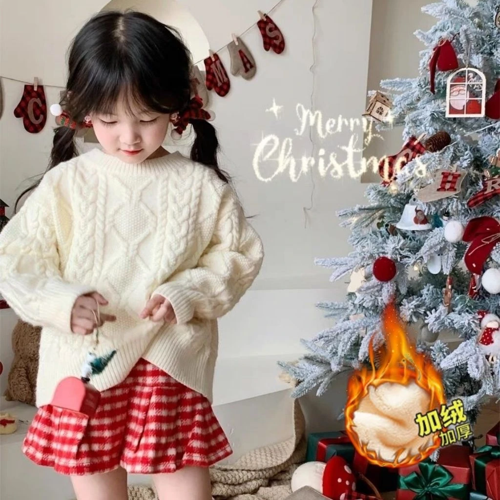 巴拉拉吧秋冬女童毛衣宽松色米白麻花加绒加厚圆领甜美冬季百搭外