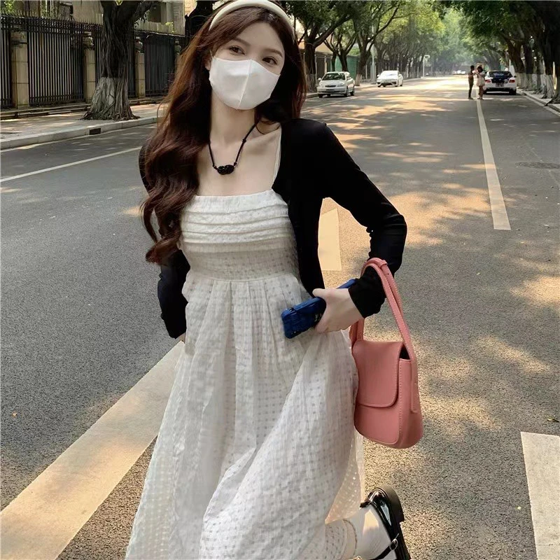 微胖大码法式气质吊带遮肚连衣裙遮肉显瘦秋冬MM黑色针织开衫