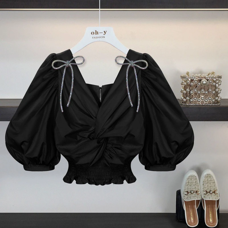 女装夏季短款洋气时髦气质显瘦泡泡袖上衣＋小众牛仔裤时尚套装