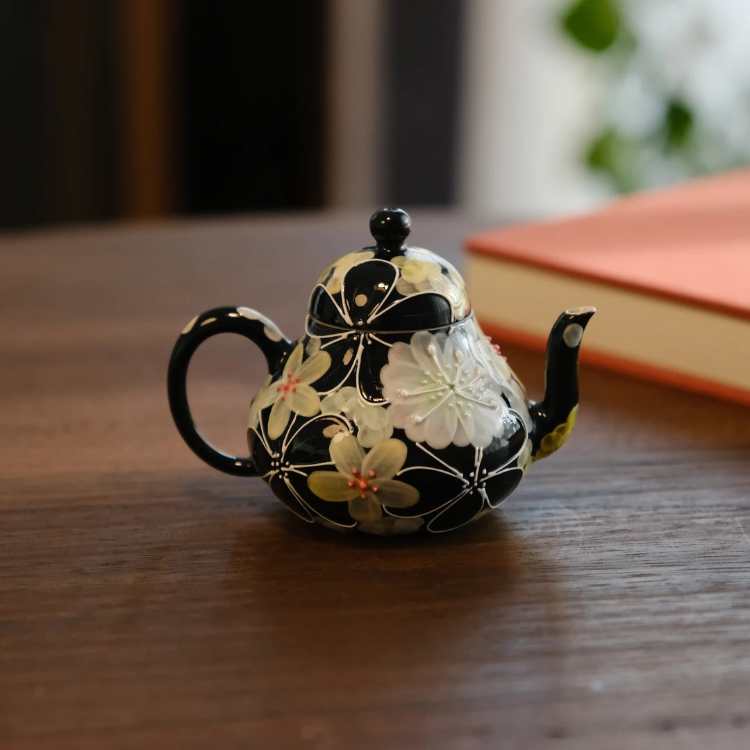 草木茶社 景德镇珐华彩黑色思婷壶 纯手工手绘堆绘泡茶壶 陶瓷壶
