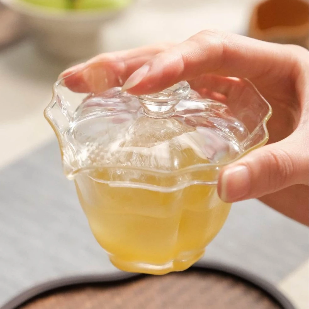 草木茶社 花棱边耐热玻璃盖碗