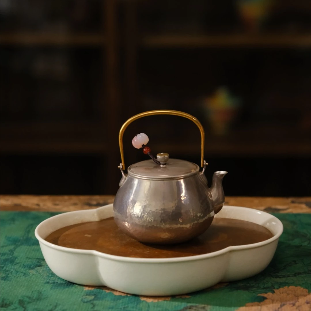 草木茶社 云南纯手工锻打足银小洞天紫皮银壶提梁壶家用泡茶壶