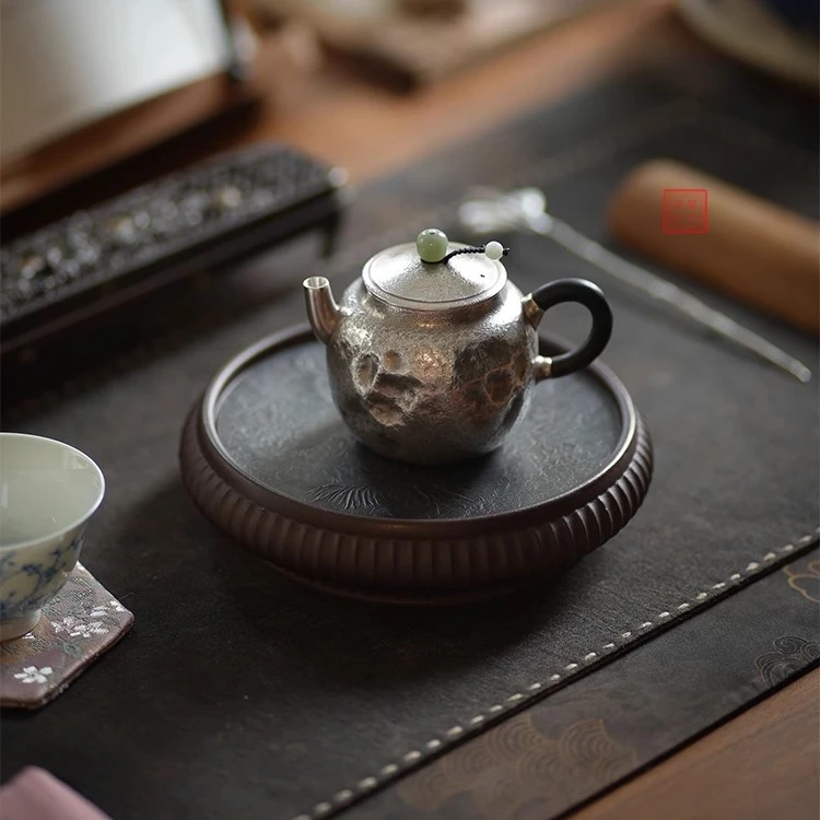 草木茶社 夏至石纹刻绘银壶 银泡茶壶 纯手工小银壶 银茶具