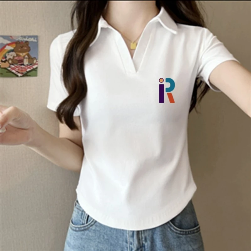 夏季新款设计感上衣白色t恤女辣妹短款polo领体恤衫小众正肩短袖