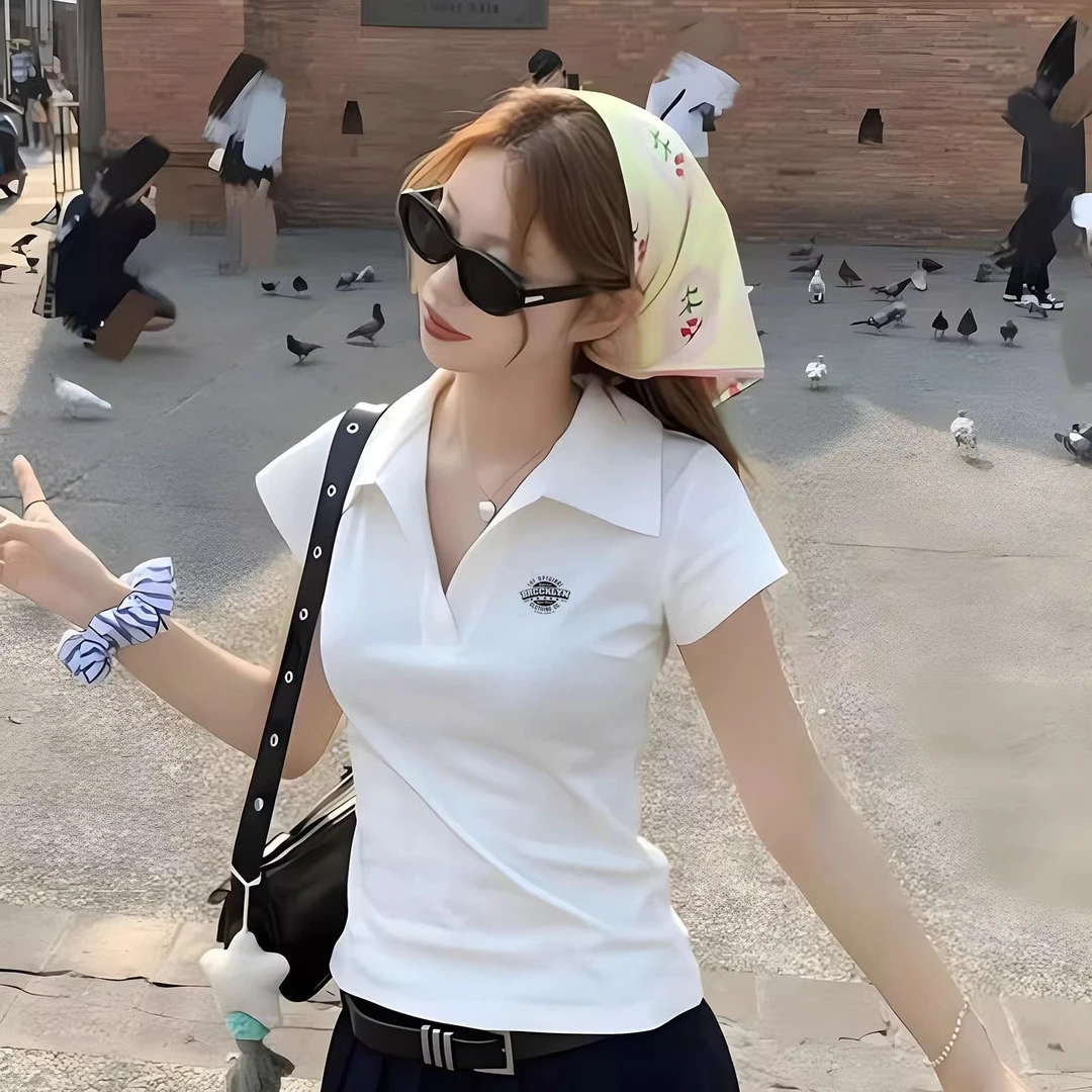 白色正肩短袖T恤女新款修身显瘦POLO领短款辣妹上衣夏季