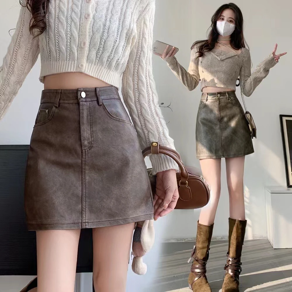 韩系复古小皮裙2024秋冬新款时尚百搭显瘦A字包臀半身裙高腰短裙