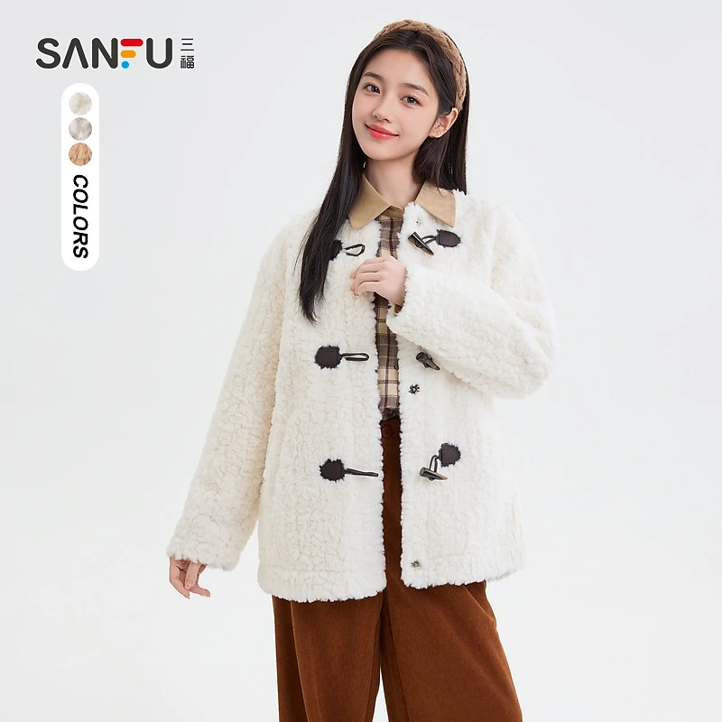 三福厚外套2024冬季牛角扣圆领时尚上衣毛绒短外套女装493813