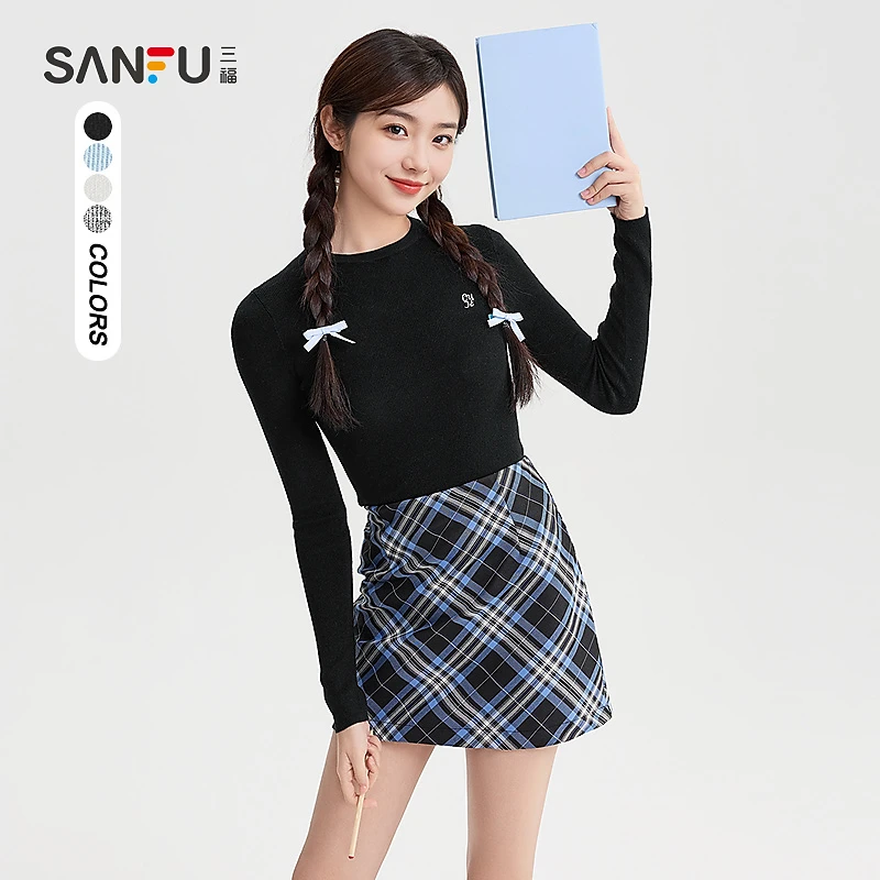 三福打底毛衫2024冬季刺绣圆领保暖叠穿内搭上衣女装488128