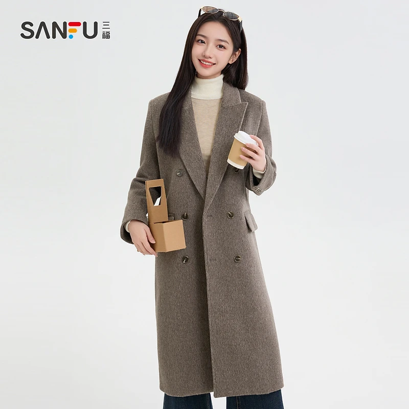 三福厚外套2024冬季气质口袋长款翻领韩版毛呢大衣女装495184