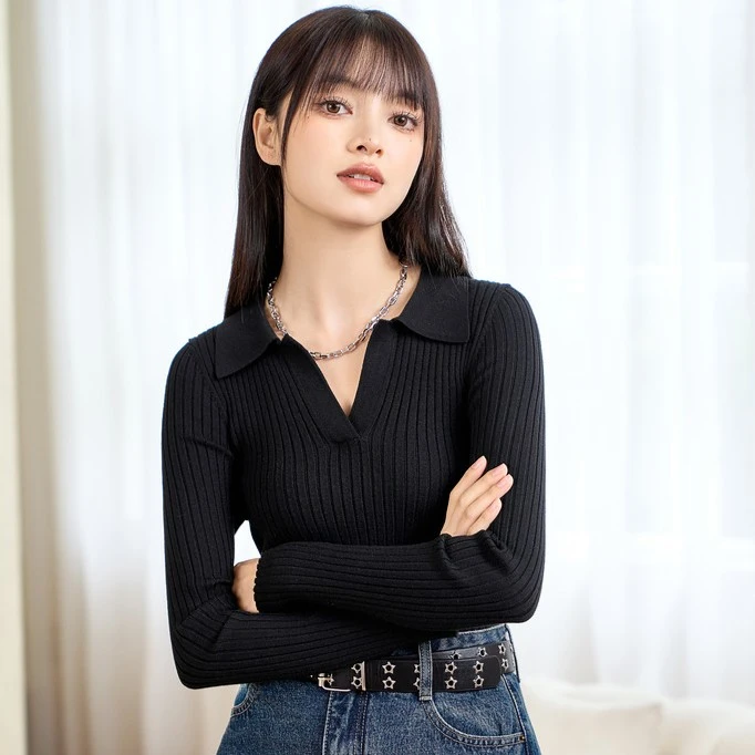 三福毛衣2022冬季撞色设计长袖针织polo合体上衣女装459763
