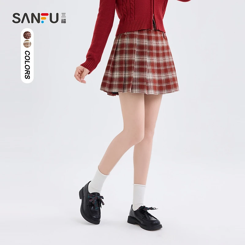 三福短裙2024冬季防走光内衬学院风A字百褶裙女装494131