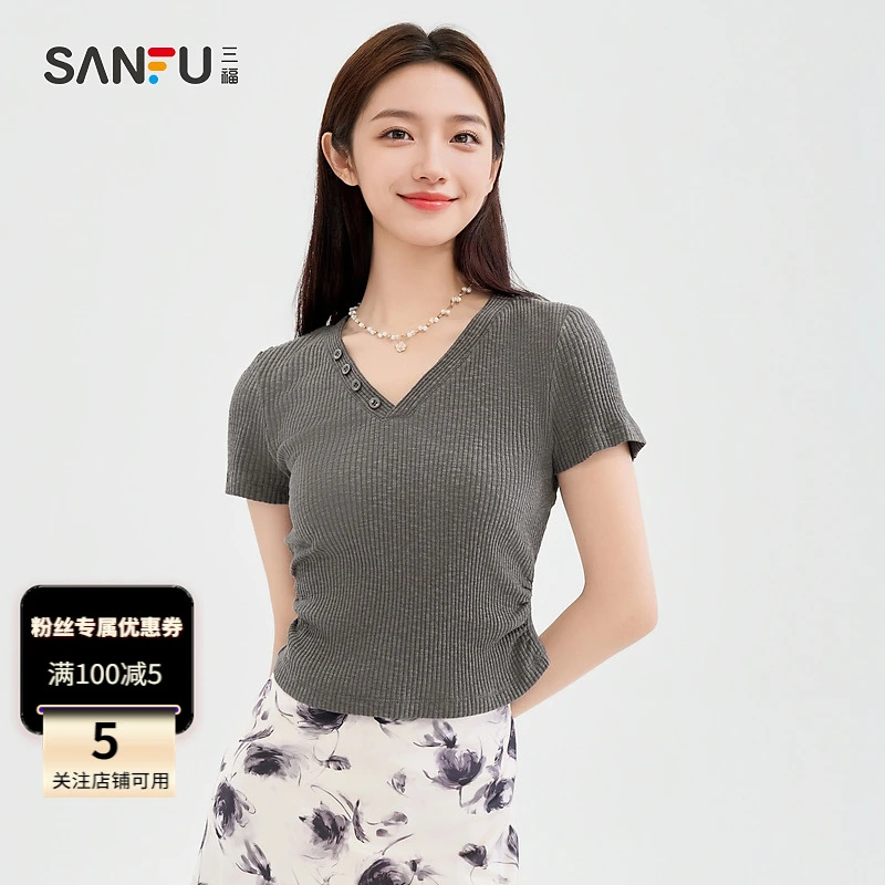 三福短T恤2024夏季V领褶皱收腰宽松短款时尚上衣女装488543