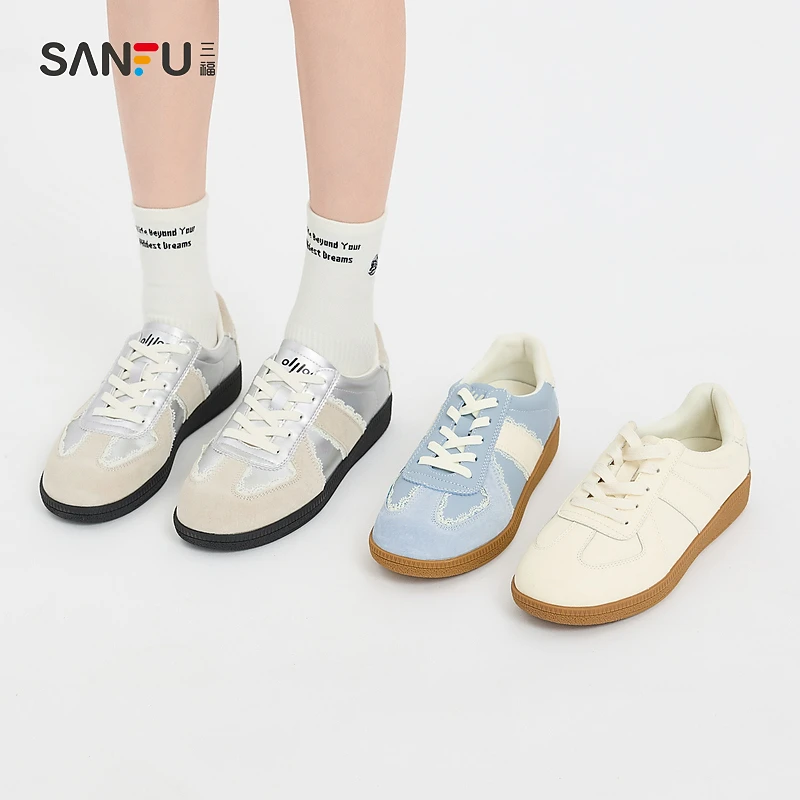 三福低帮板鞋女秋季运动芭蕾风蕾丝拼接薄底德训鞋女鞋833136