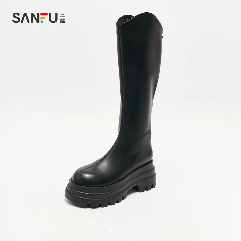 三福长靴女冬季韩系黑色弧口瘦瘦靴后拉链增高厚底女鞋836307