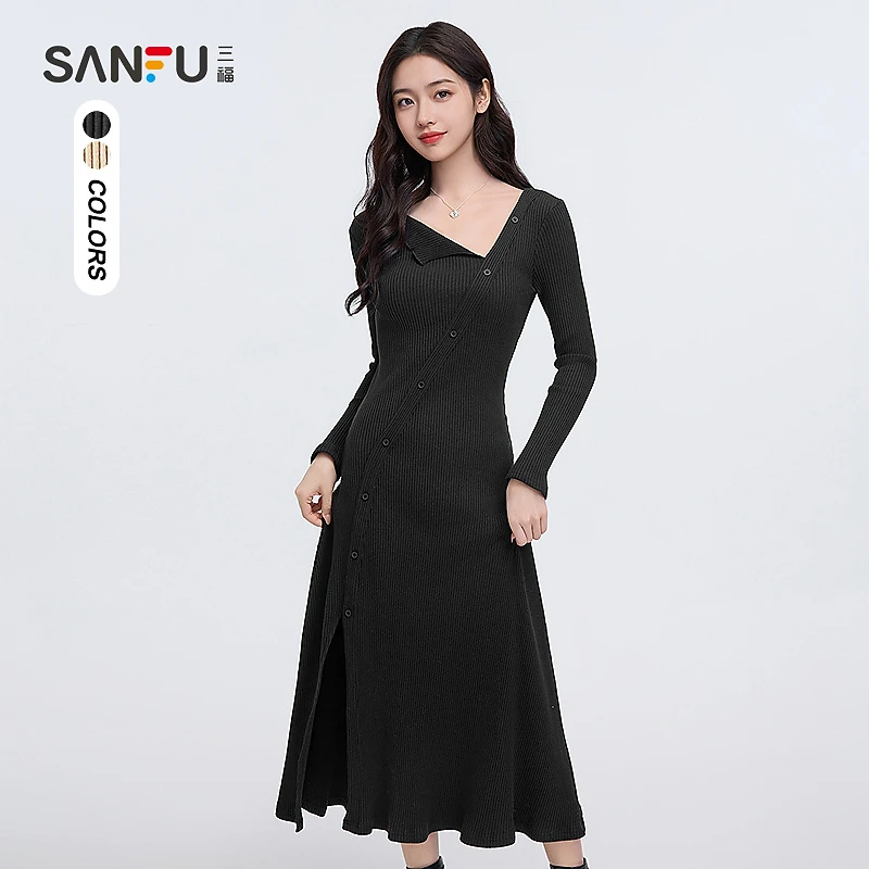 三福连衣裙2024冬季斜扣收腰散摆开叉裙摆优雅长裙女装497000