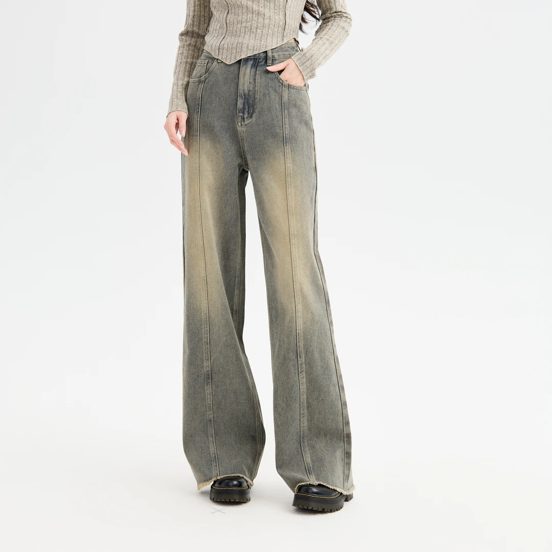 三福 秋季上新水洗复古直筒喇叭宽松中腰长裤牛仔裤女装492043