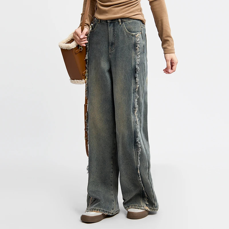 三福毛边加厚冬季2024牛仔裤加绒设计宽松阔腿裤裤子女装494631