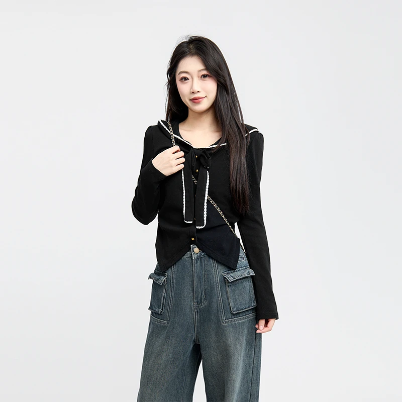 三福 冬季花边领口蝴蝶结绑带设计上衣长T恤女装495513