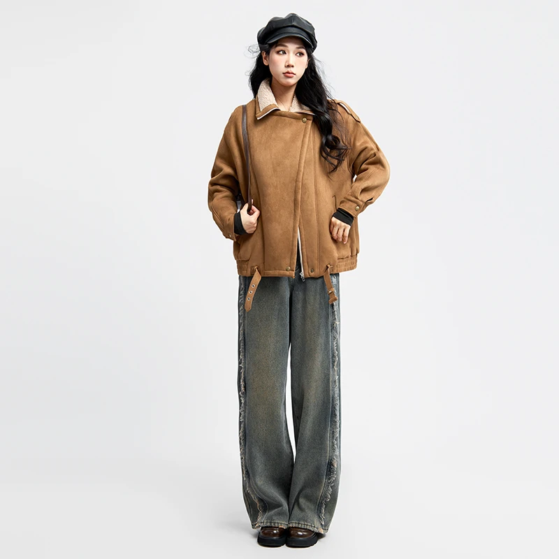 三福 冬季口袋设计机车风加绒宽松上衣厚外套女装495379