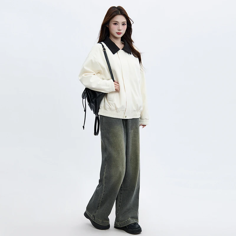 三福厚外套冬季2024撞色翻领宽松时尚上衣女装494625