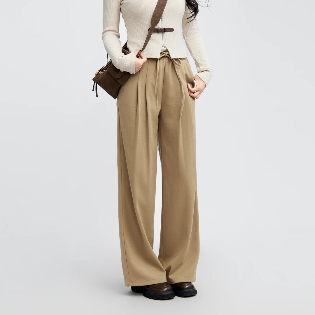 三福 冬季抽绳松紧腰头宽松垂感阔腿休闲裤裤子女装495498