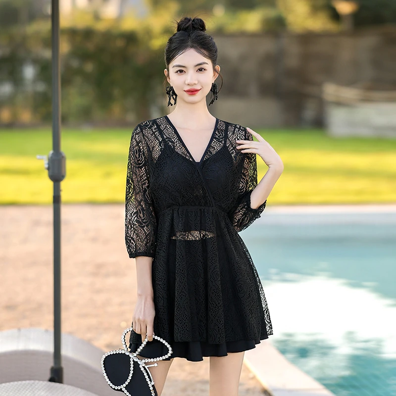 大码泳衣女胖mm200斤分体裙式三件套长袖罩衫遮肉大胸运动温泉装