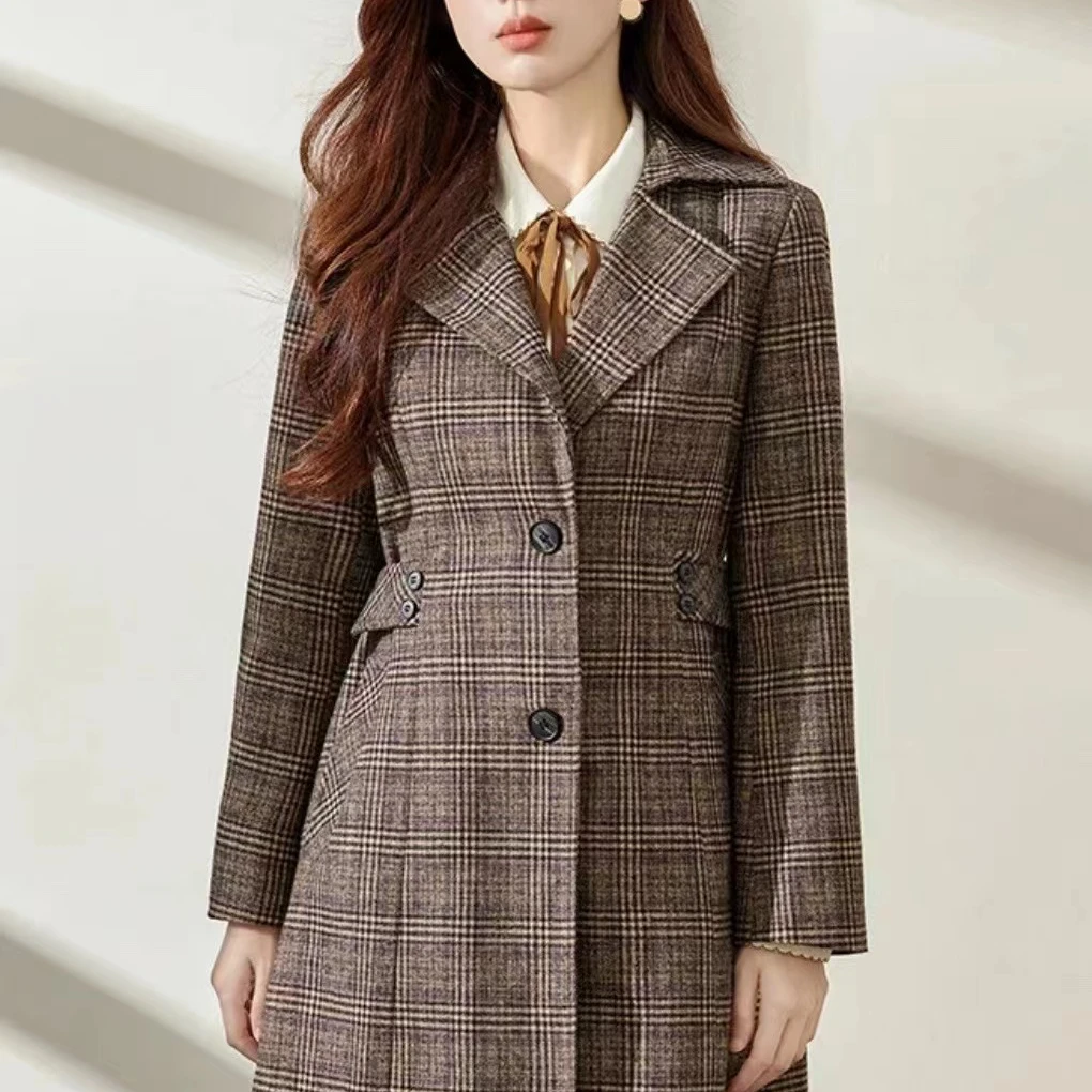 新款女毛呢外套格纹气质修身百搭羊毛大衣千鸟格复古显瘦风衣