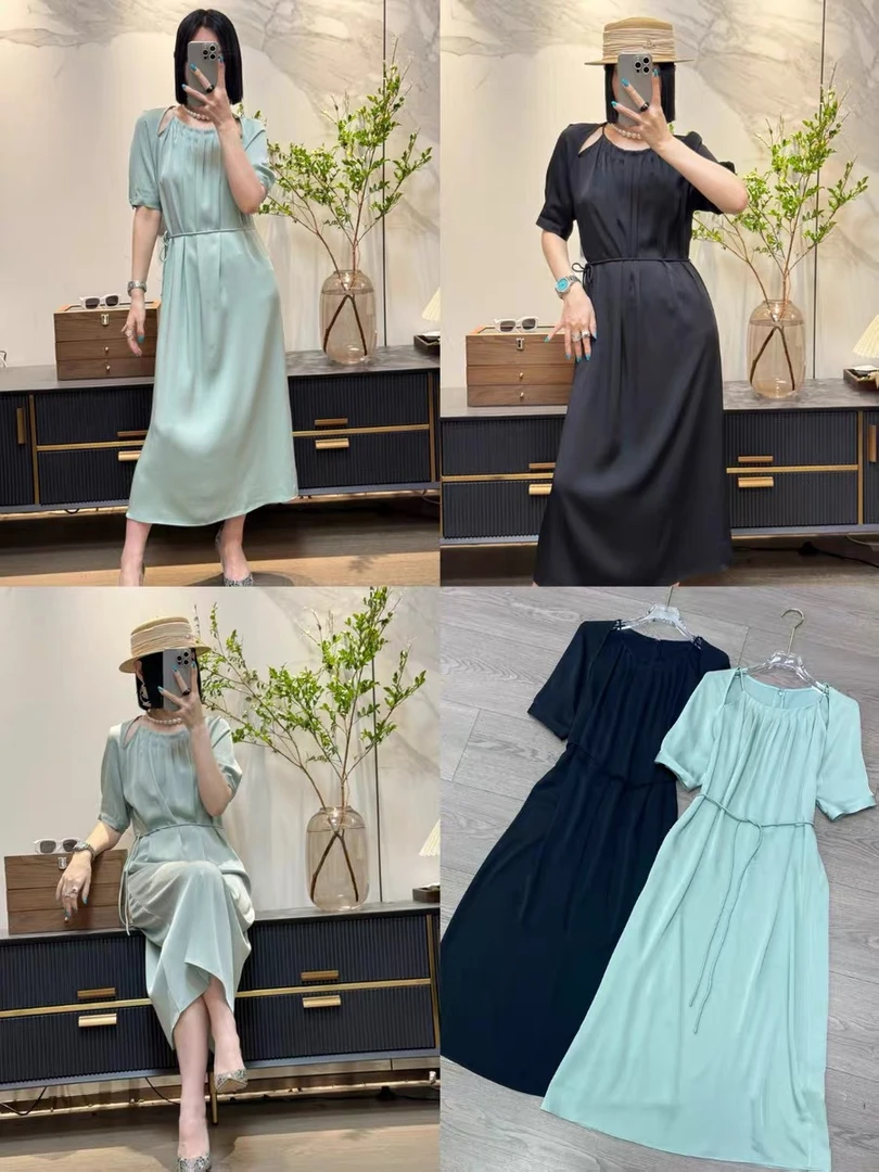 推荐 醋酸麻圆领镂空露肩连衣裙女2024夏季新款宽松显瘦长裙