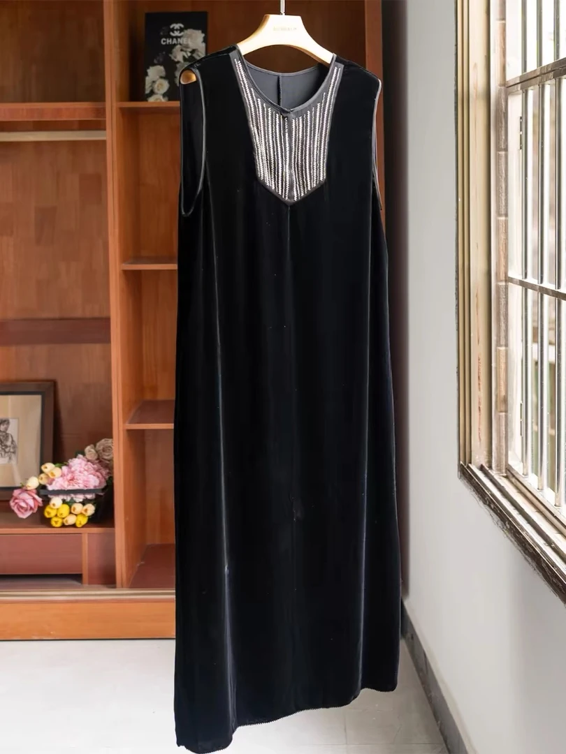 法式优雅赫本风 珠管钉珠真丝丝绒无袖连衣裙