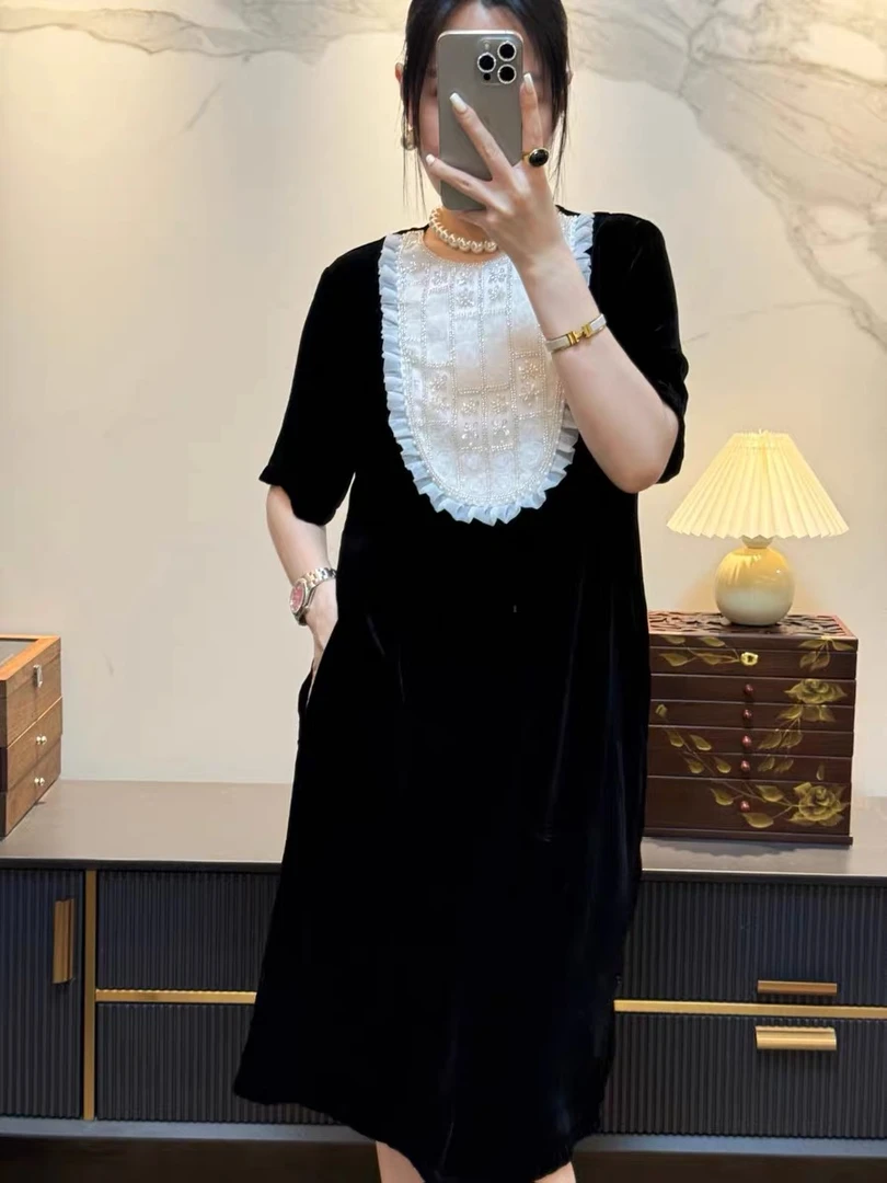 法式小香风重工钉珠撞色真丝丝绒连衣裙高级感短袖木耳边小黑裙夏