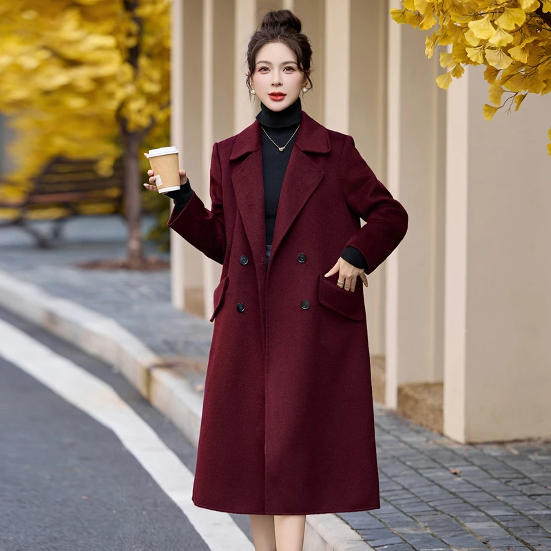 时尚双面羊毛大衣女2024秋冬季新款韩系酒红色中长款毛呢子外套