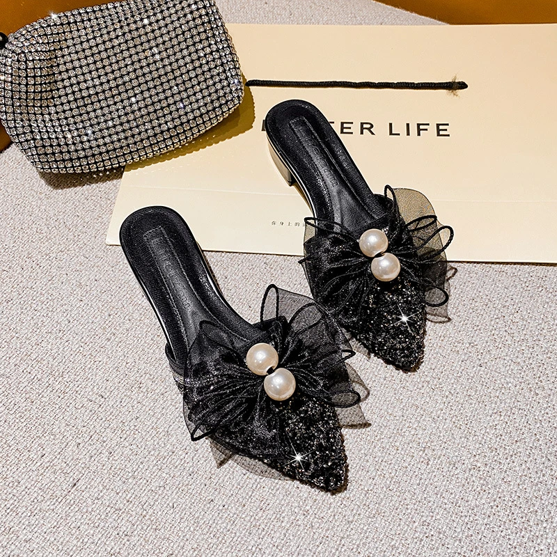 云芙鹿尖头网红包头拖时尚粗跟半拖鞋夏季外穿低跟女鞋大小码百搭