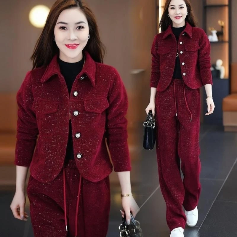 亮闪闪时尚休闲套装女2023秋冬季新款时尚短外套直筒裤显瘦两件套