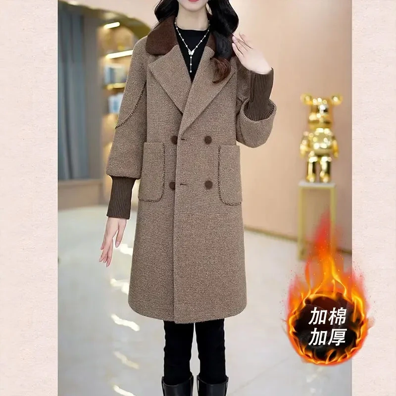 高档洋气加棉加厚保暖毛呢外套女冬季新款时尚休闲西装领长款大衣