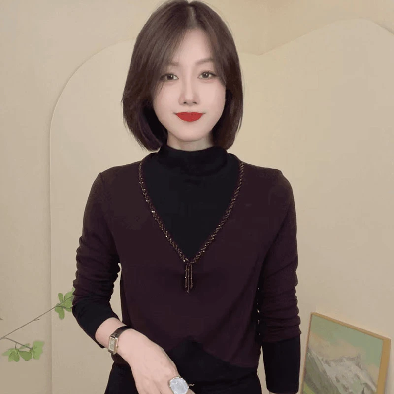 秋季新款半高领拼色双面绒打底衫G中年妈妈气质百搭钉珠修身小衫