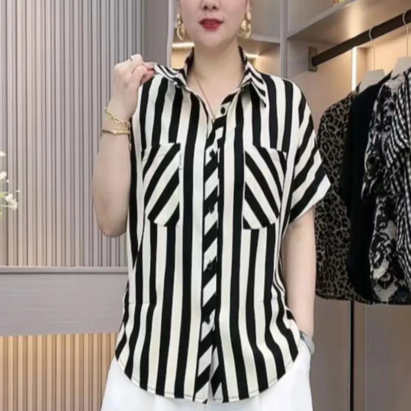 洋气短袖条纹衬衫女时尚雪纺上衣夏季新款小个子休闲减龄薄款衬衣