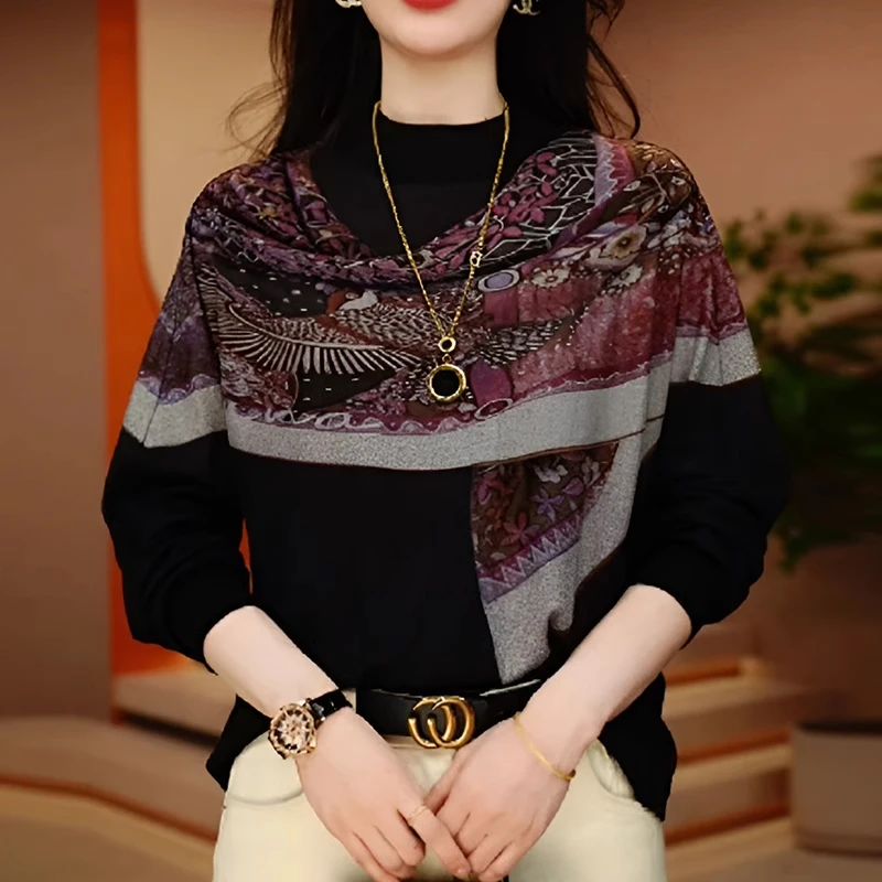 印花加绒保暖打底衫女士妈妈春秋冬时尚高端宽松长袖小衫大码上衣