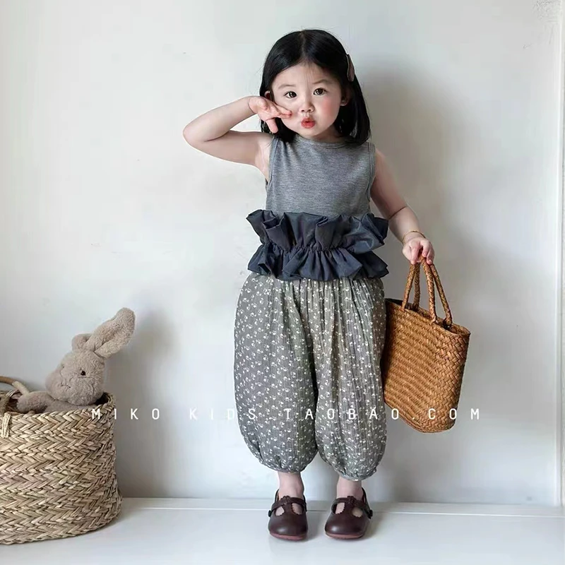 韩国童装夏中小童两件套女童无袖背心上衣裤子时尚休闲套装L55168