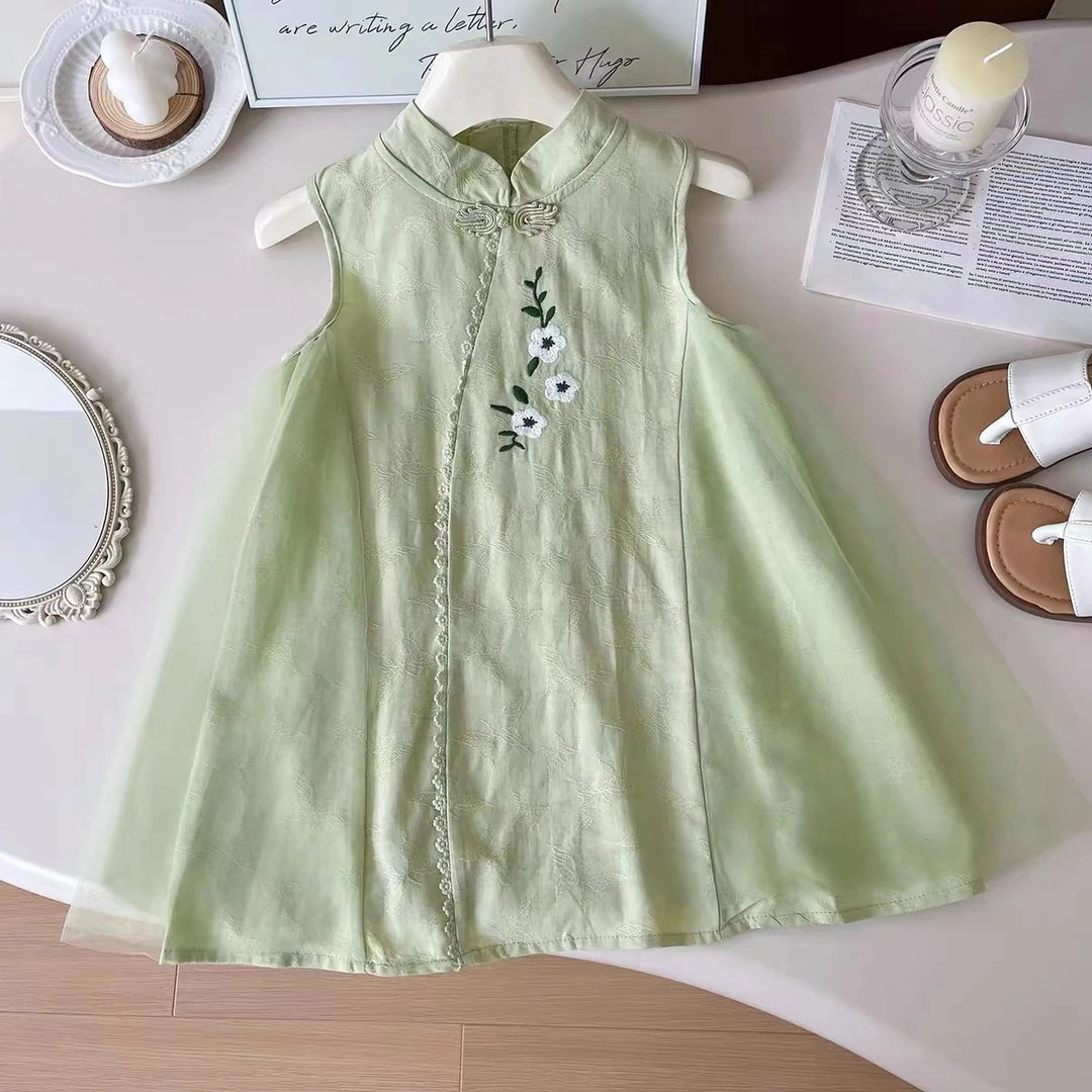 女童旗袍连衣裙夏装新款洋气儿童国风刺绣汉服新中式无袖背心裙潮