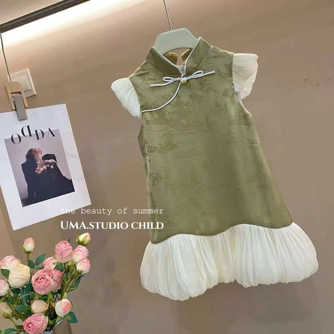 女童连衣裙童装夏季新款宝宝复古立领国风汉服旗袍儿童新中式裙子