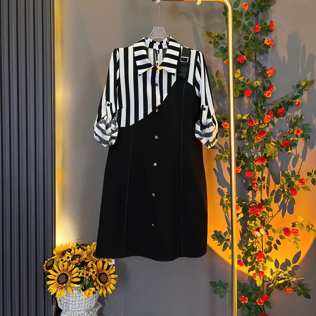 8375春季大码女装黑色减龄长袖假两件连衣裙设计时尚长袖衬衫显瘦