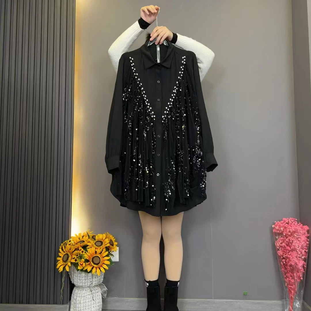 新款洋气重工亮片钉珠时尚纯欲风衬衫大码女装显瘦气质（衣长85）
