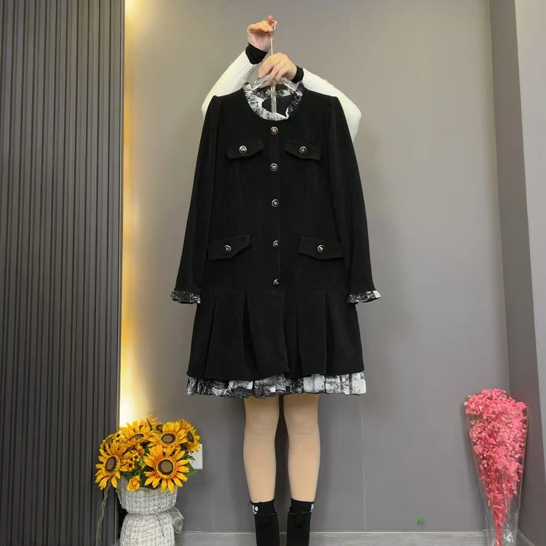 8860秋季新款大码女装欧洲站时尚韩版假两件拼接连衣裙（衣长85）