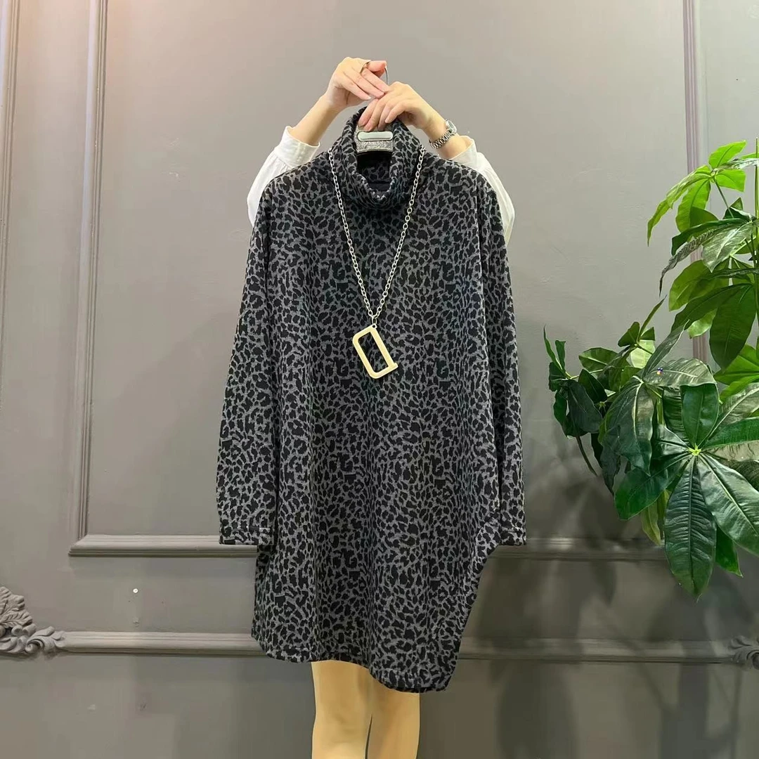 8896秋冬爆款高领豹纹不规则连衣裙时尚百搭洋气设计师大码女装
