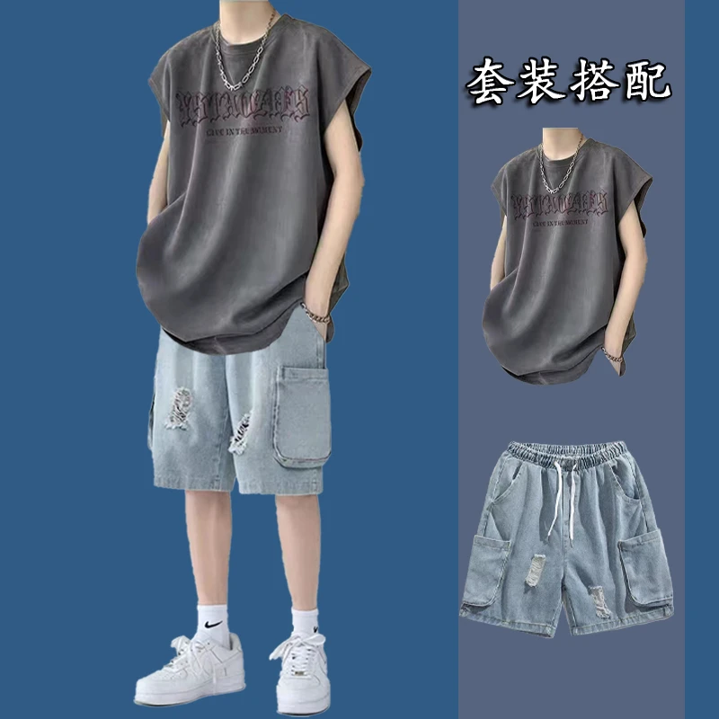 夏季背心套装男坎肩潮流t恤休闲运动男装一套搭配牛仔短裤两件装
