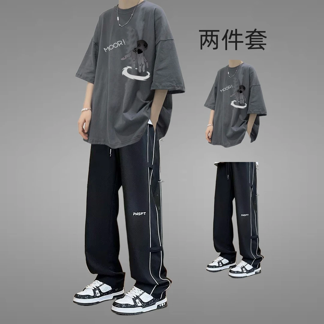 休闲运动套装男款夏季薄款短袖t恤时尚一整套搭配长裤痞帅两件套