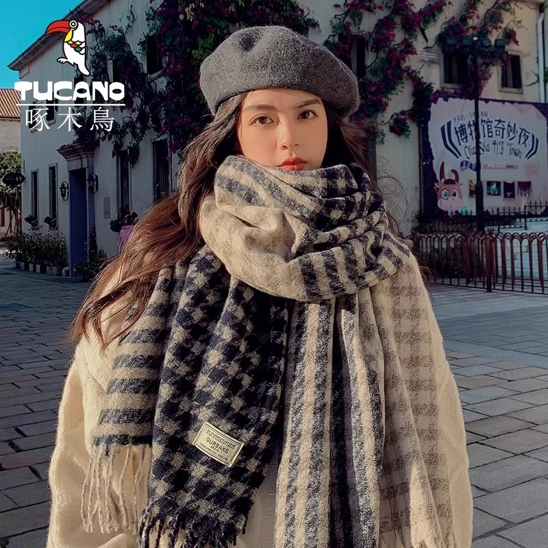 围巾女秋冬季新款韩版百搭两用千鸟格流苏围脖加厚保暖高级感披肩