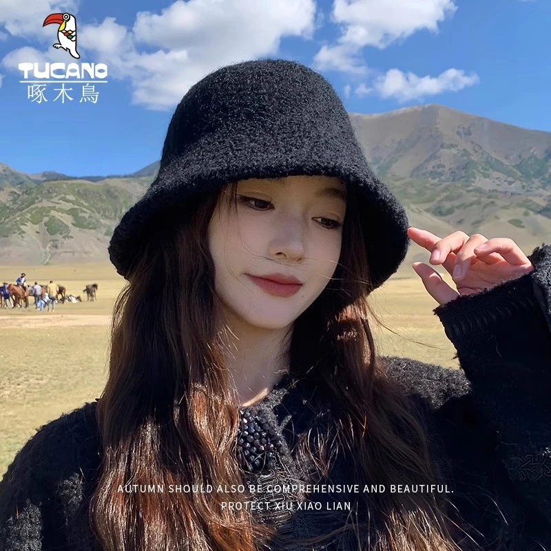 帽子女秋冬2025新款素颜百搭盆帽显脸小水桶帽网红保暖黑色渔夫帽
